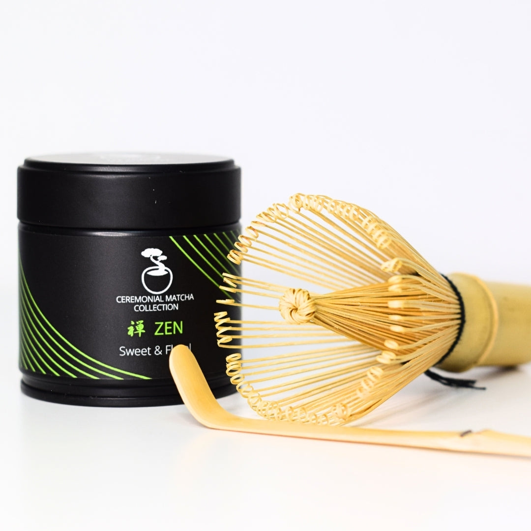 Japanese ceremonial matcha starter kit with matcha powder tin, bamboo whisk and matcha scoop for authentic matcha preparation