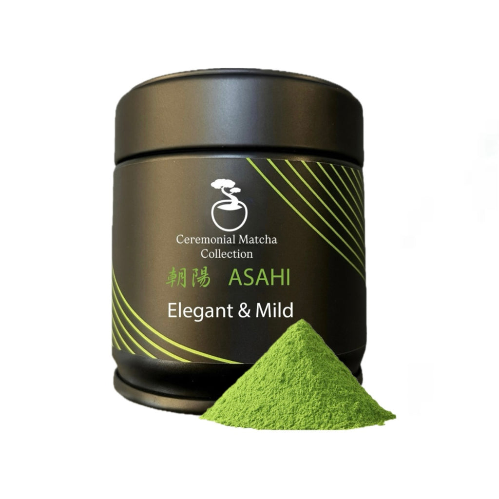 Asahi ceremonial matcha tin with bright green matcha powder pile, elegant and mild Japanese green tea