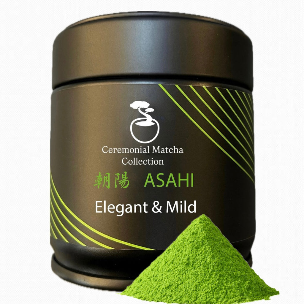 Asahi ceremonial matcha tin with bright green matcha powder pile, elegant and mild Japanese green tea
