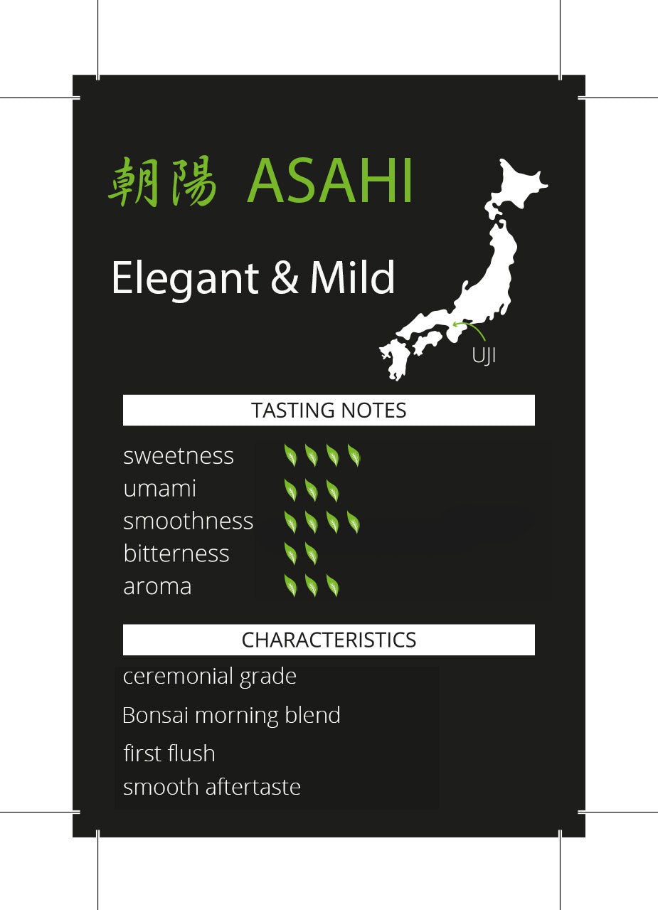 Asahi ceremonial matcha tasting notes card from Uji showing sweetness, umami, smoothness, bitterness and aroma ratings on a black background
