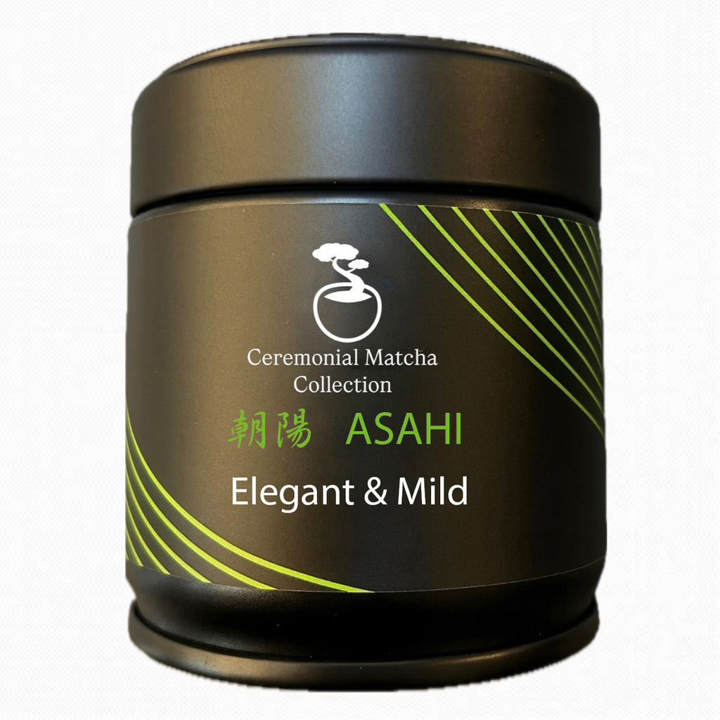 Asahi ceremonial matcha tin with elegant and mild flavor profile on a white background, premium Japanese green tea
