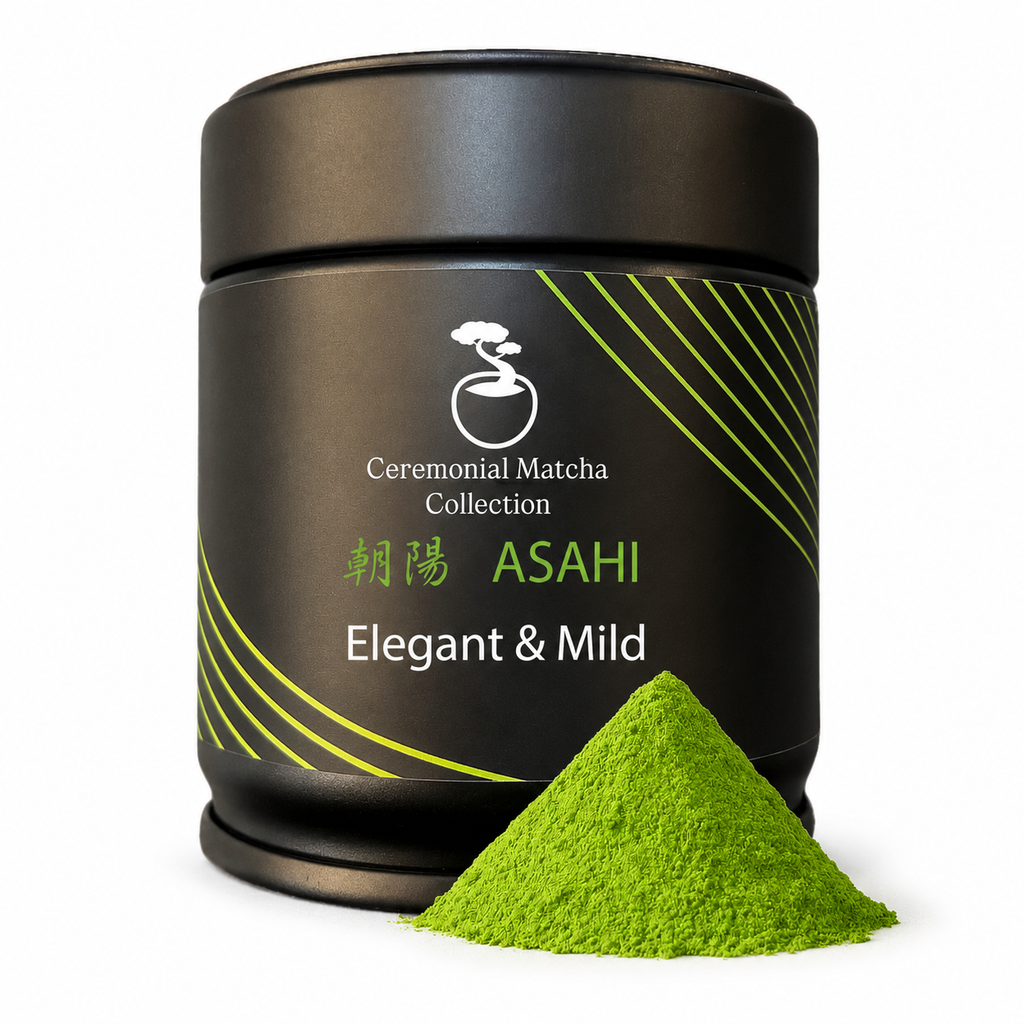 Asahi ceremonial matcha tin with a mound of vibrant green matcha powder on a white background, elegant and mild Japanese matcha from Kyoto