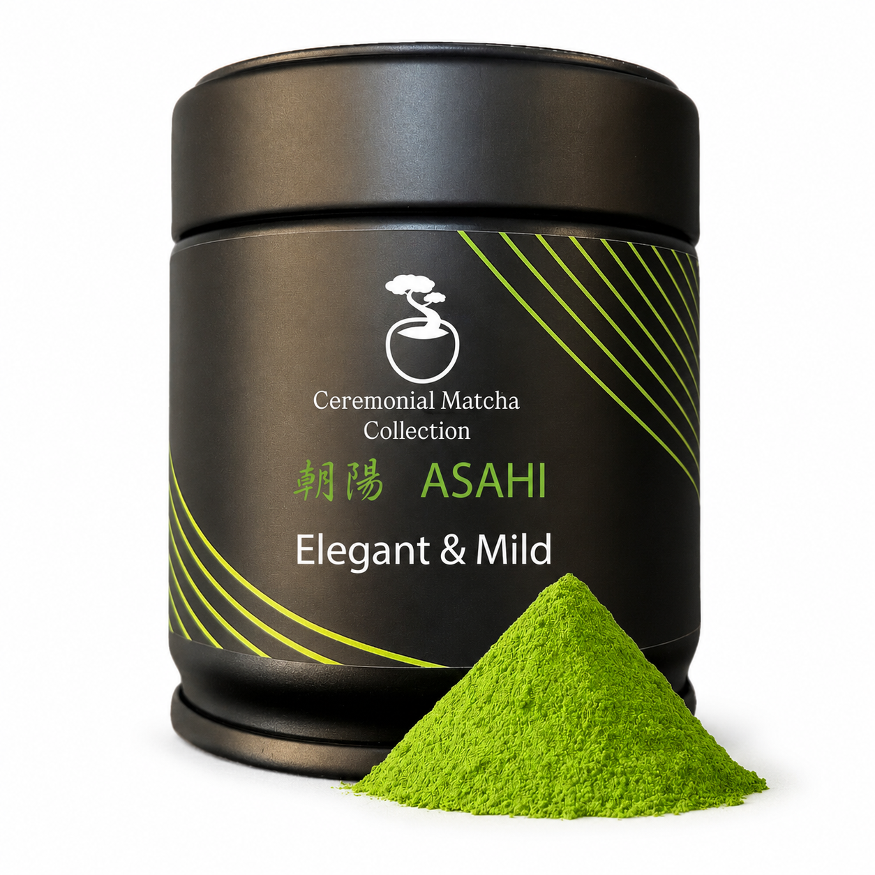 Asahi ceremonial matcha tin with a mound of vibrant green matcha powder on a white background, elegant and mild Japanese matcha from Kyoto