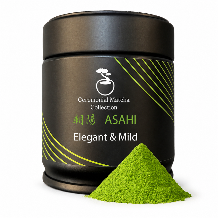 Asahi ceremonial matcha tin with a mound of vibrant green matcha powder on a white background, elegant and mild Japanese matcha from Kyoto