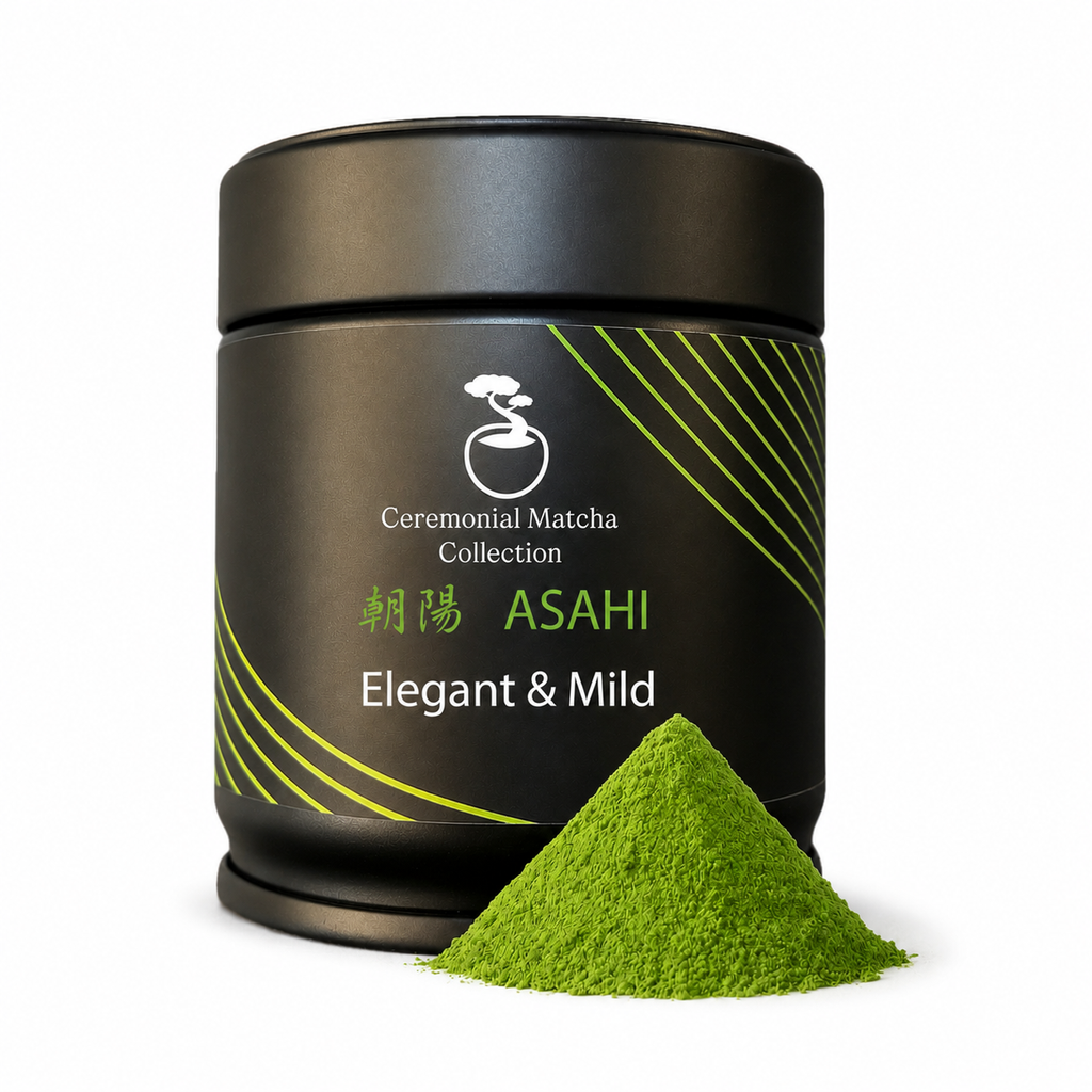 Asahi ceremonial matcha tin beside bright green matcha powder on white, premium elegant and mild Japanese green tea