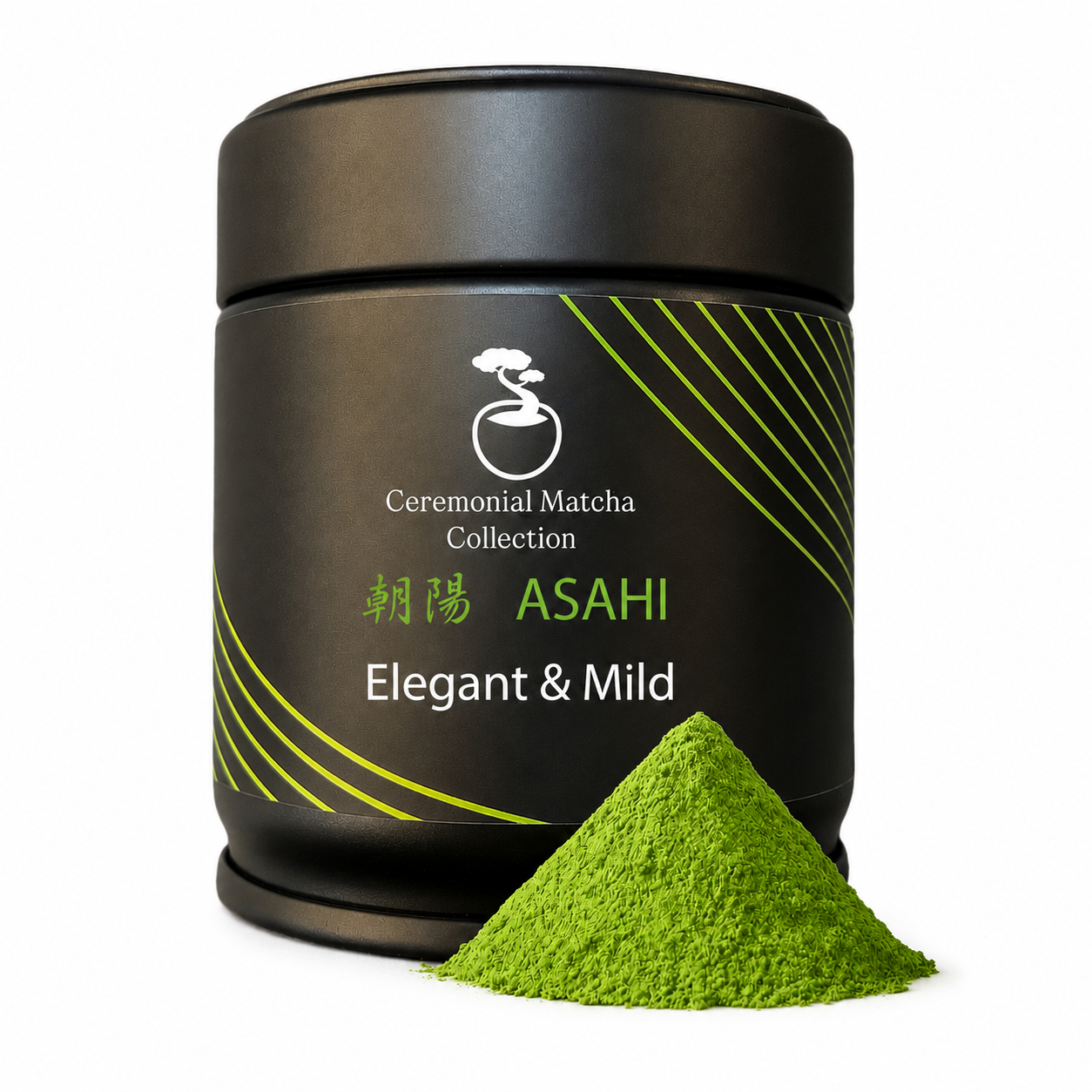 Asahi ceremonial matcha tin, angled view with green matcha powder on a clean white background, smooth mild Japanese matcha