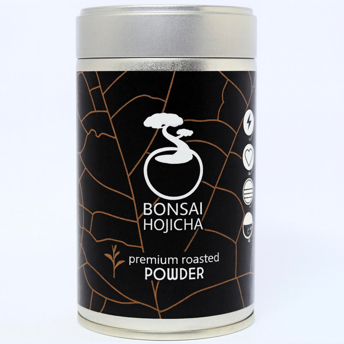 Front view of roasted hojicha powder container with minimalist dark label design