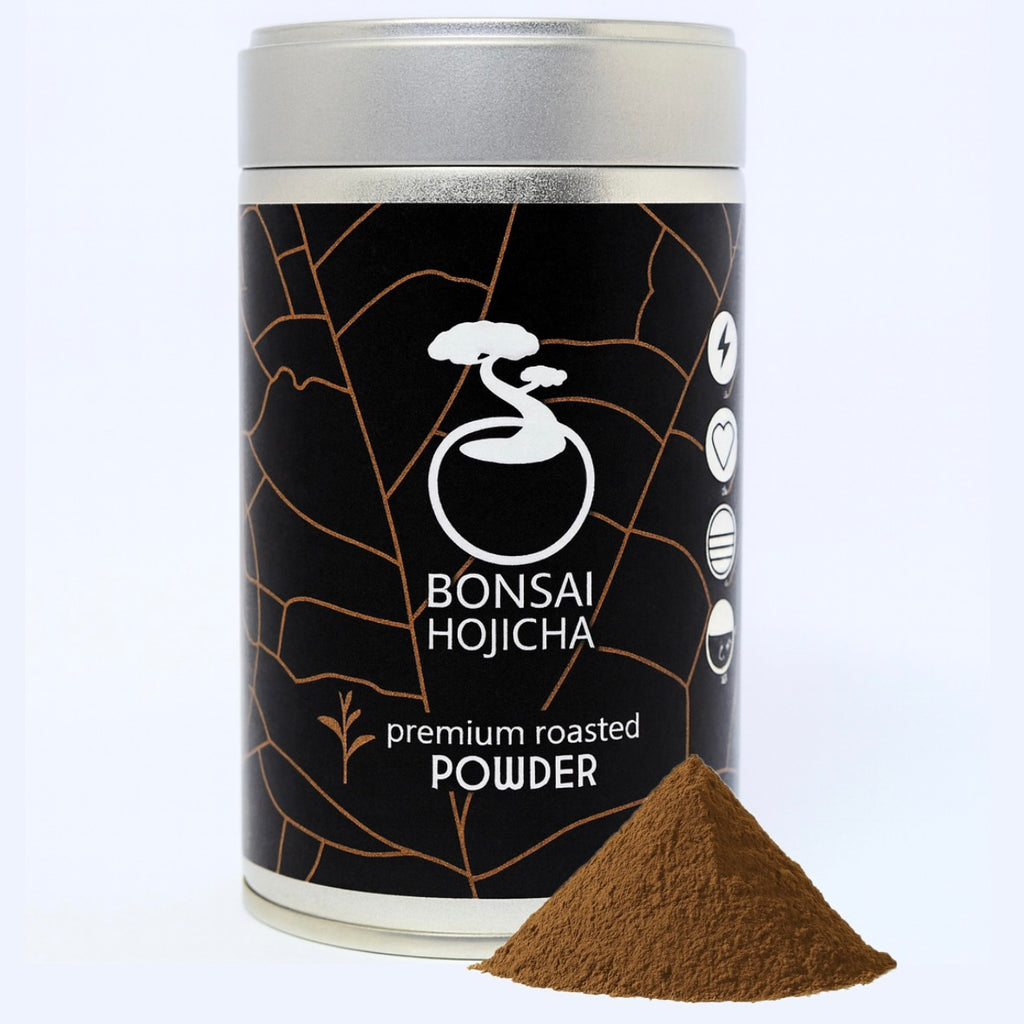 Hojicha tea powder tin displayed with roasted tea powder showing texture and color