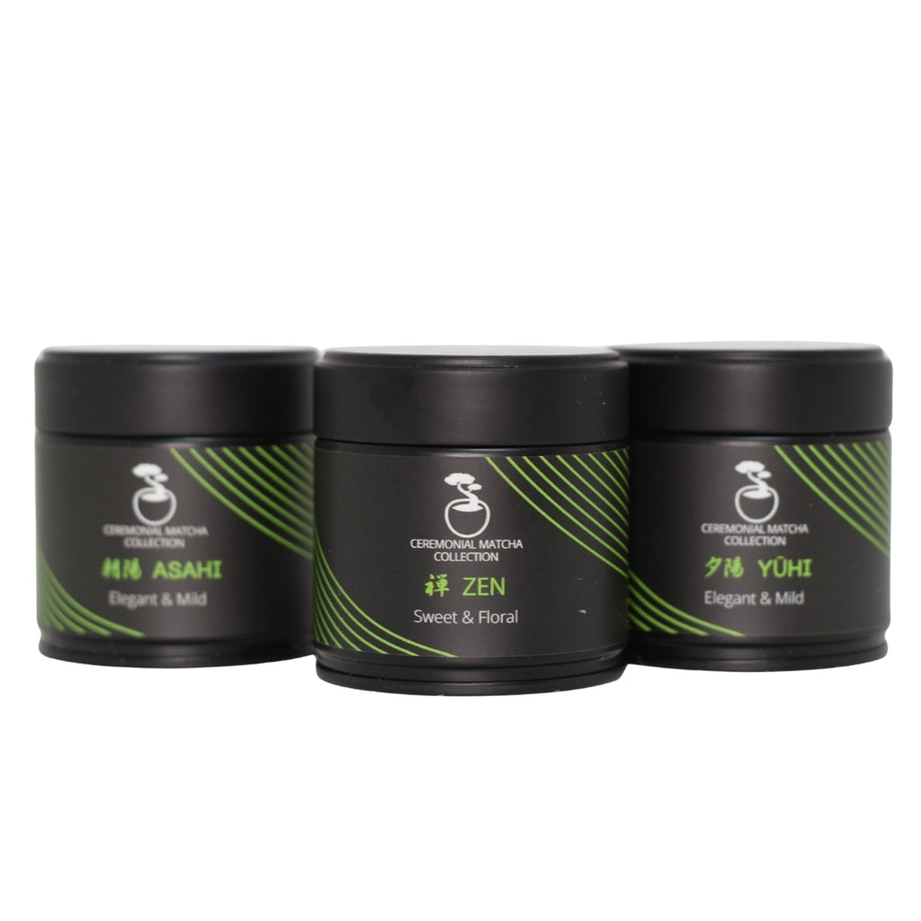 Three Bonsai Matcha ceremonial flavors Asahi, Zen and Yuhi displayed side by side
