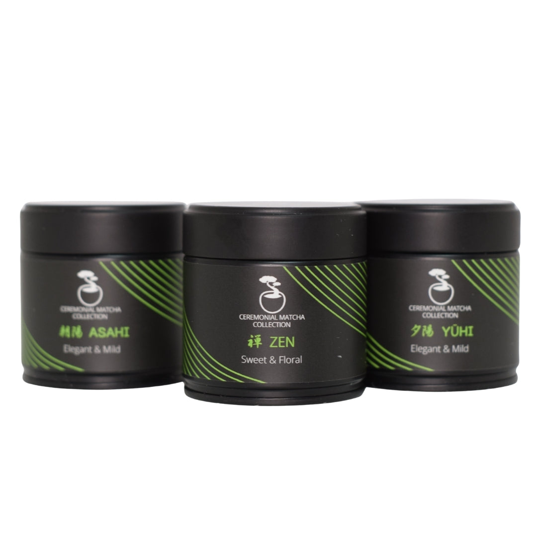 Three Bonsai Matcha ceremonial flavors Asahi, Zen and Yuhi displayed side by side
