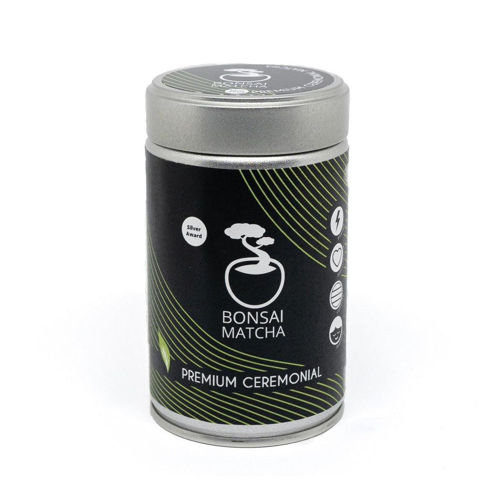 Bonsai Matcha Premium Ceremonial Matcha tin with black and green label