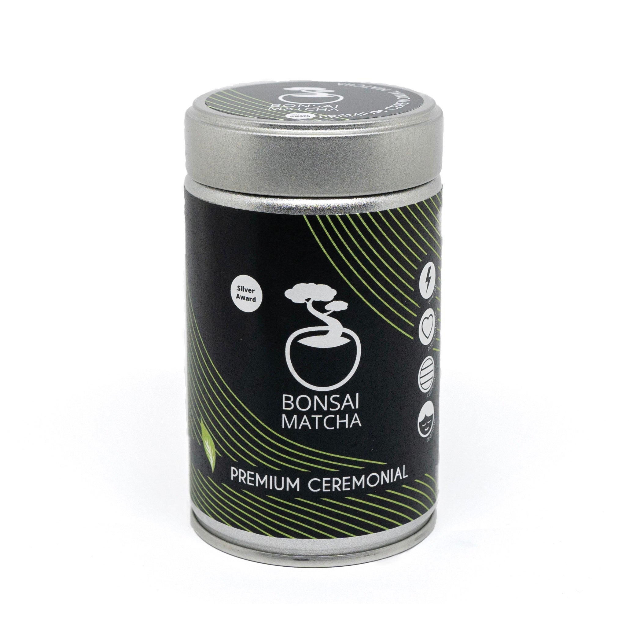 Bonsai Matcha Premium Ceremonial Matcha tin with black and green label