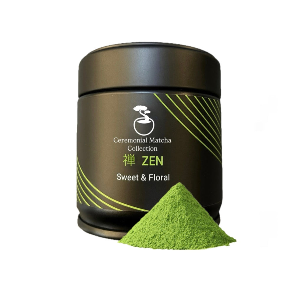 Premium Japanese matcha powder and ceremonial Zen matcha tin ideal for lattes, smoothies and daily matcha tea rituals