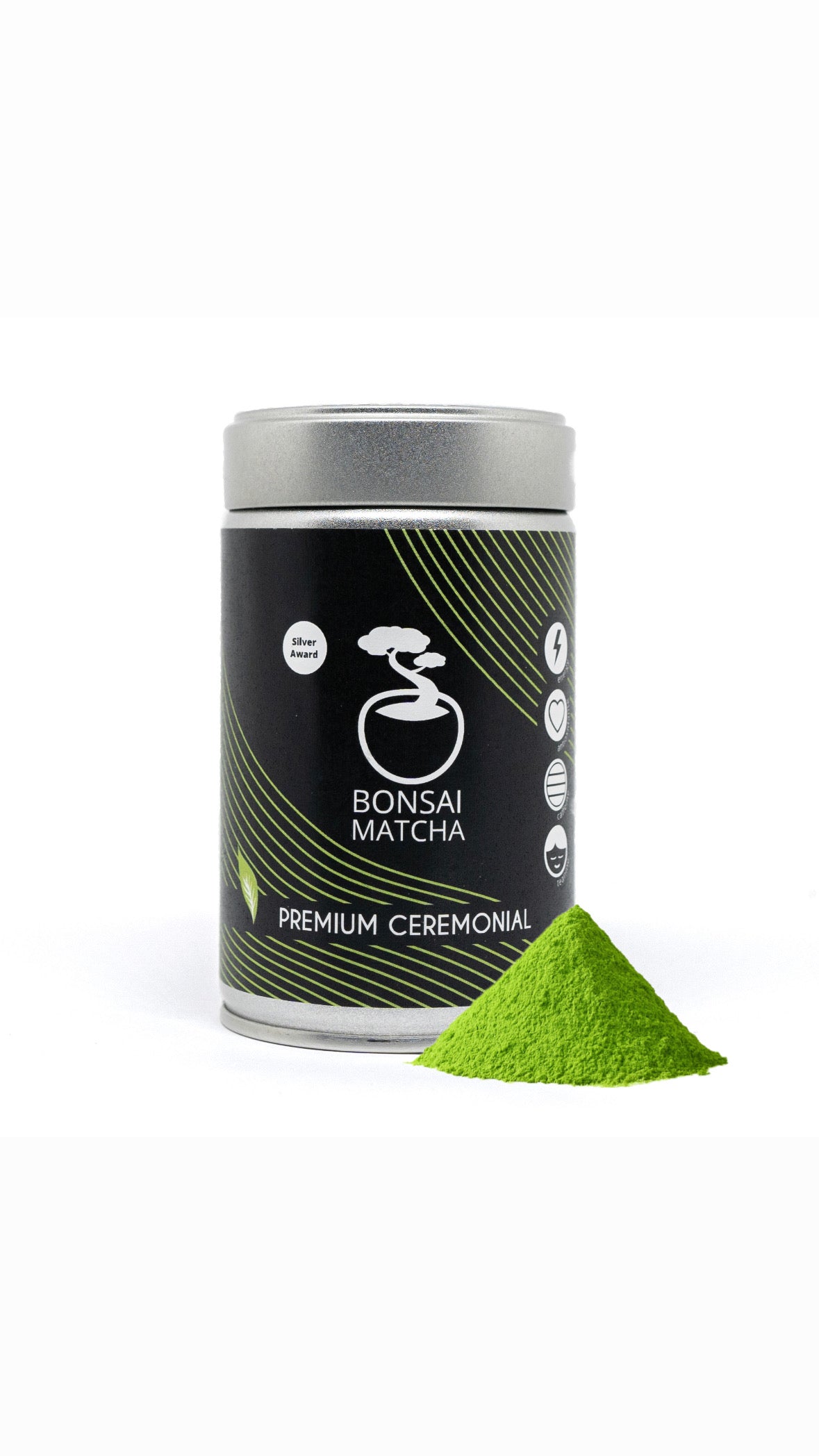 Bonsai Matcha Yame ceremonial matcha tin with vibrant green tea powder from Japan, premium first-harvest umami-rich matcha