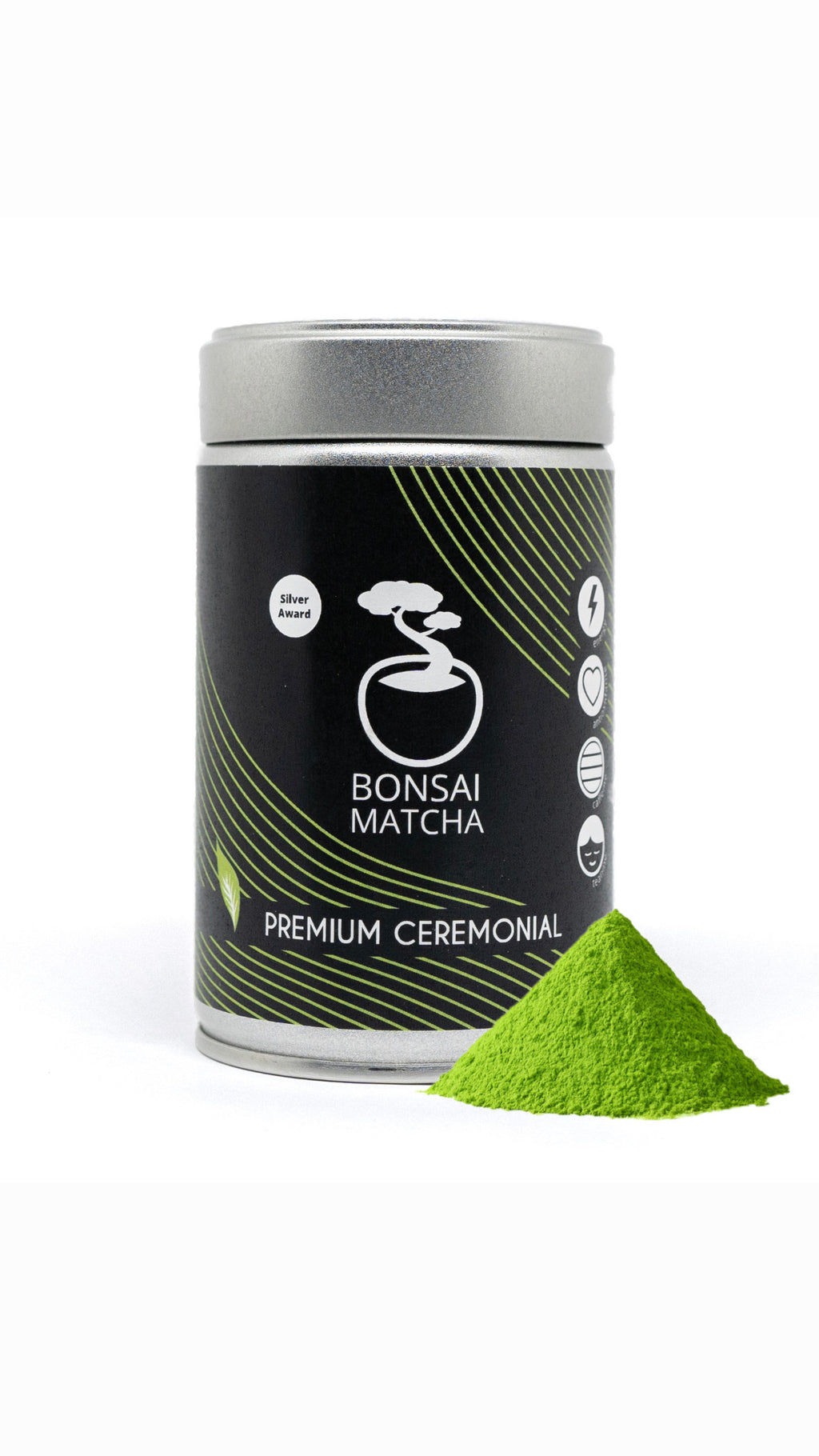 Bonsai Matcha Premium Ceremonial Matcha tin with vibrant green matcha powder pile