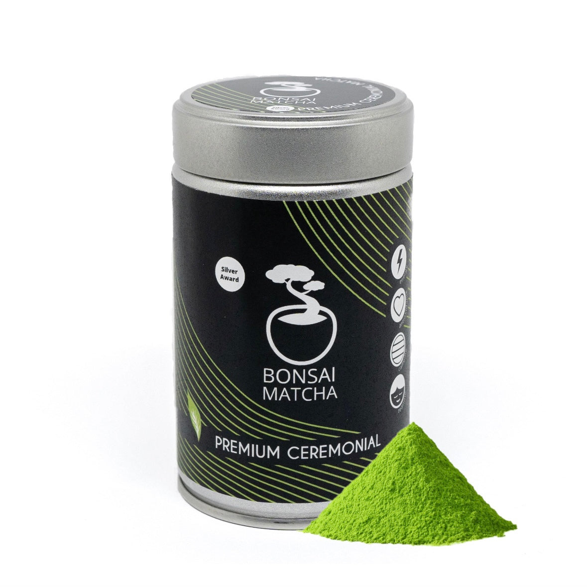 Bonsai Matcha Yame ceremonial matcha tin with vibrant green tea powder from Japan, premium first-harvest umami-rich matcha