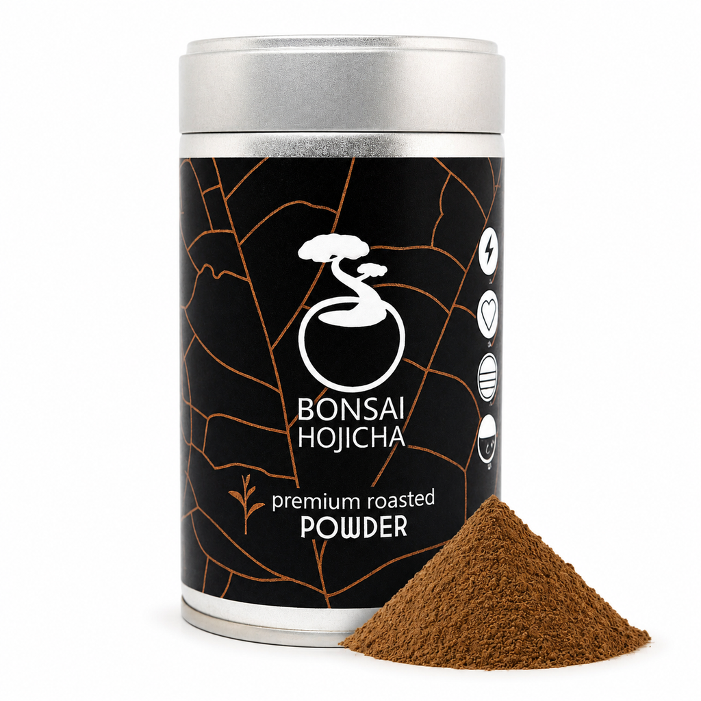 Bonsai Hojicha premium roasted tea tin with a mound of roasted brown hojicha powder on a white background, Japanese roasted green tea