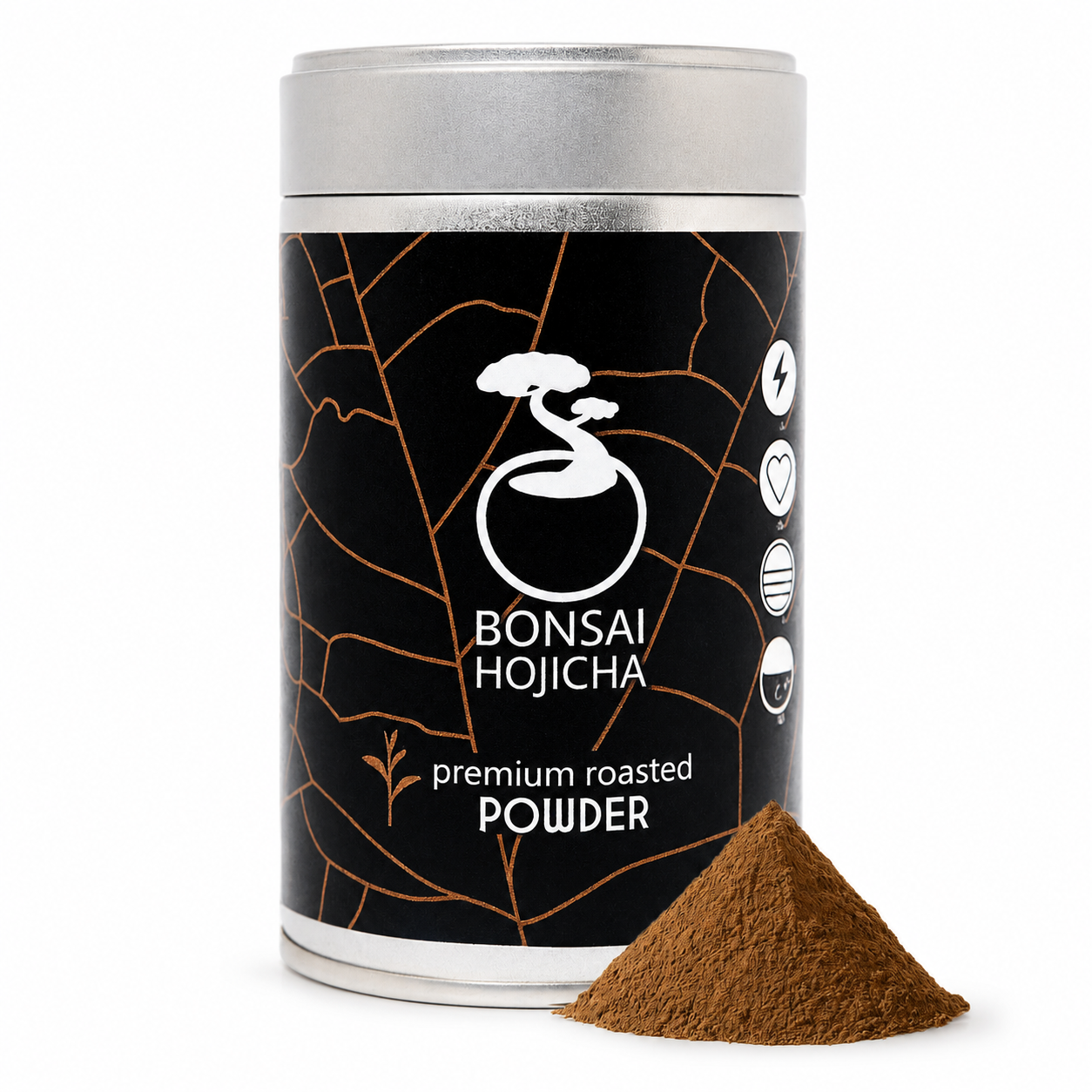 Bonsai Hojicha roasted tea tin beside finely ground brown hojicha powder on white, premium roasted Japanese tea powder