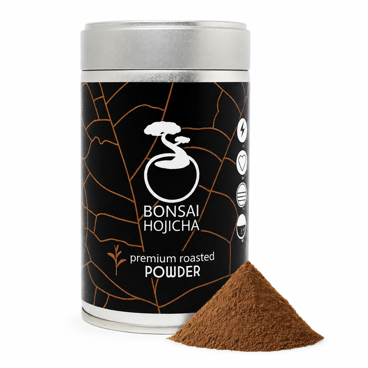 Bonsai Hojicha premium roasted powder tin front view on a clean white background, smooth nutty Japanese roasted tea