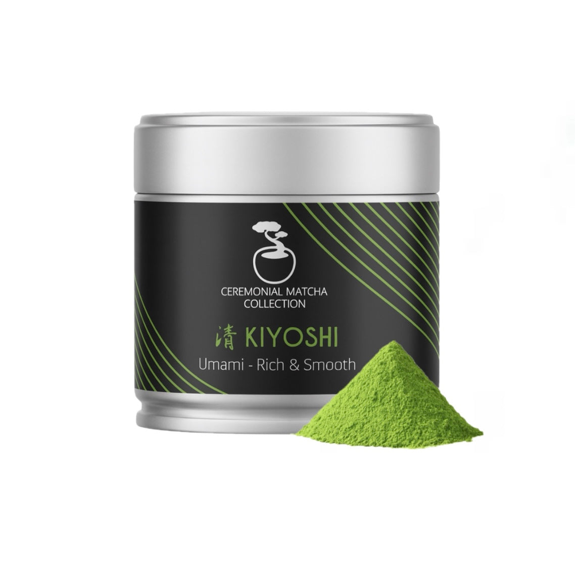 Ceremonial matcha powder in a Kiyoshi branded can on a white background