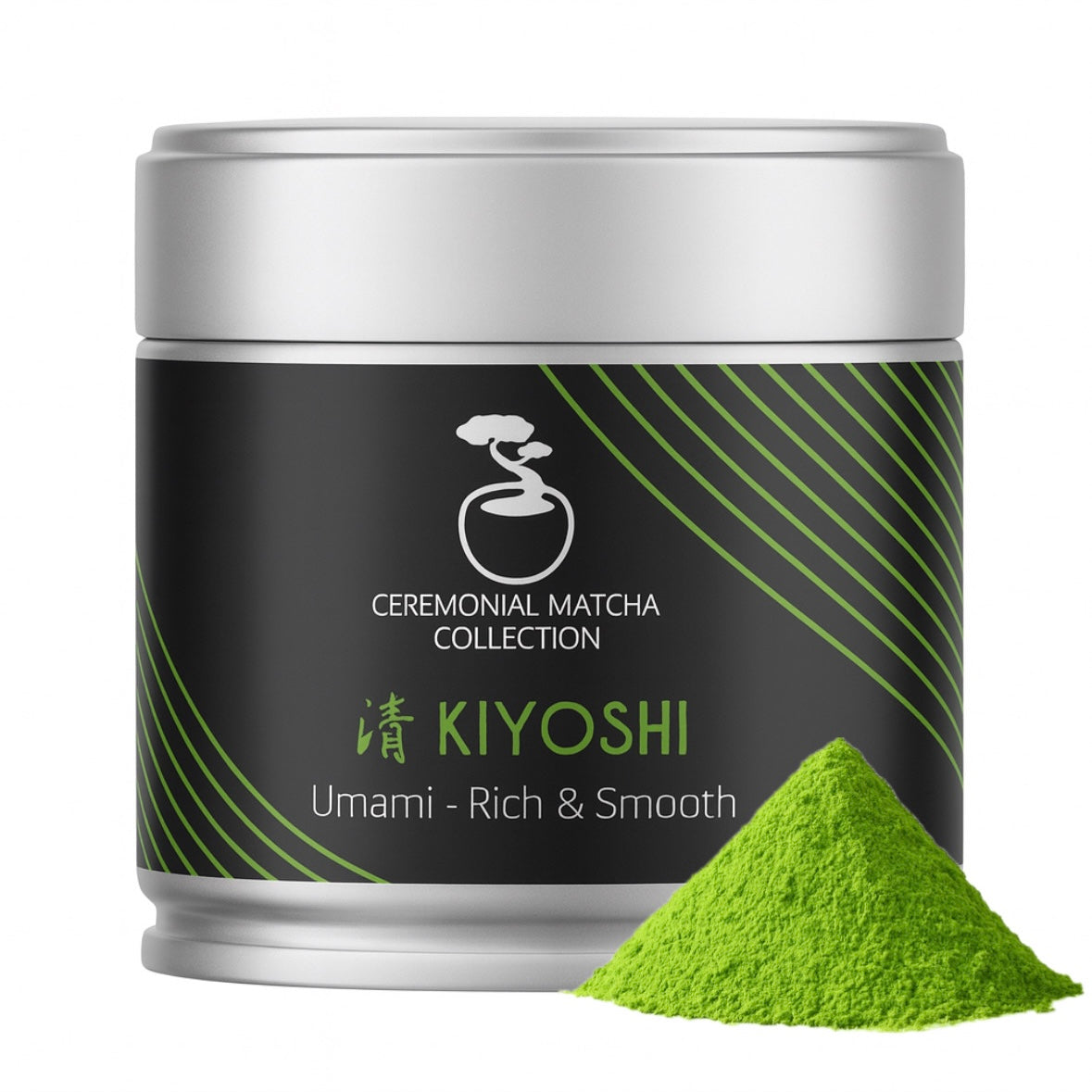 Kiyoshi ceremonial matcha tin with bright green matcha powder pile, umami-rich Japanese green tea from Kagoshima
