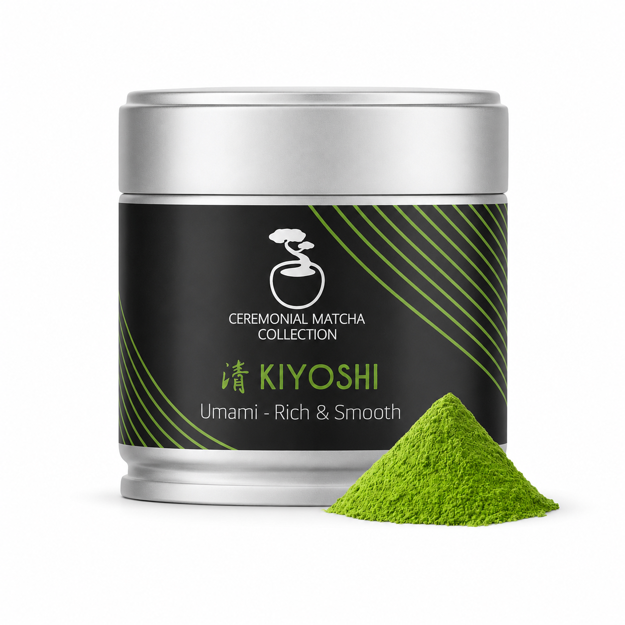 Kiyoshi ceremonial matcha tin with vibrant green matcha powder pile on a white background, umami-rich smooth Japanese matcha from Kagoshima