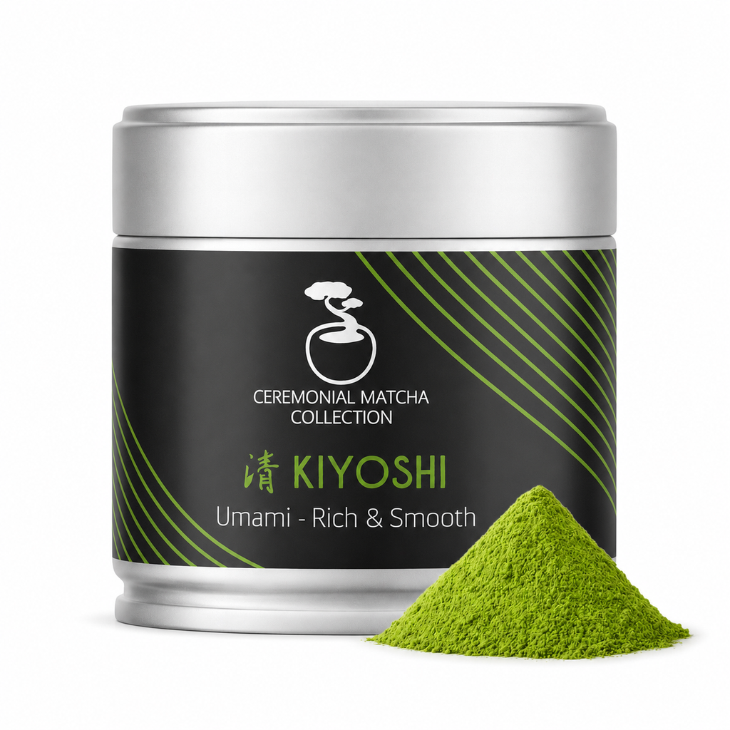 Kiyoshi ceremonial matcha tin beside a mound of bright green matcha powder on white, premium umami-rich Japanese green tea