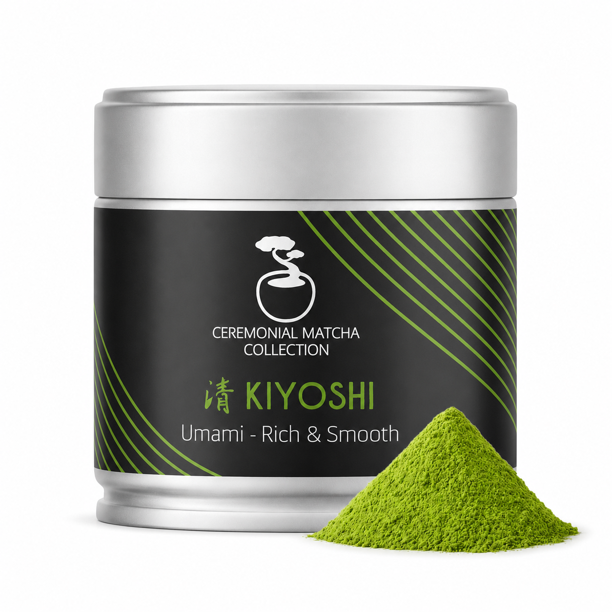 Kiyoshi ceremonial matcha tin beside a mound of bright green matcha powder on white, premium umami-rich Japanese green tea