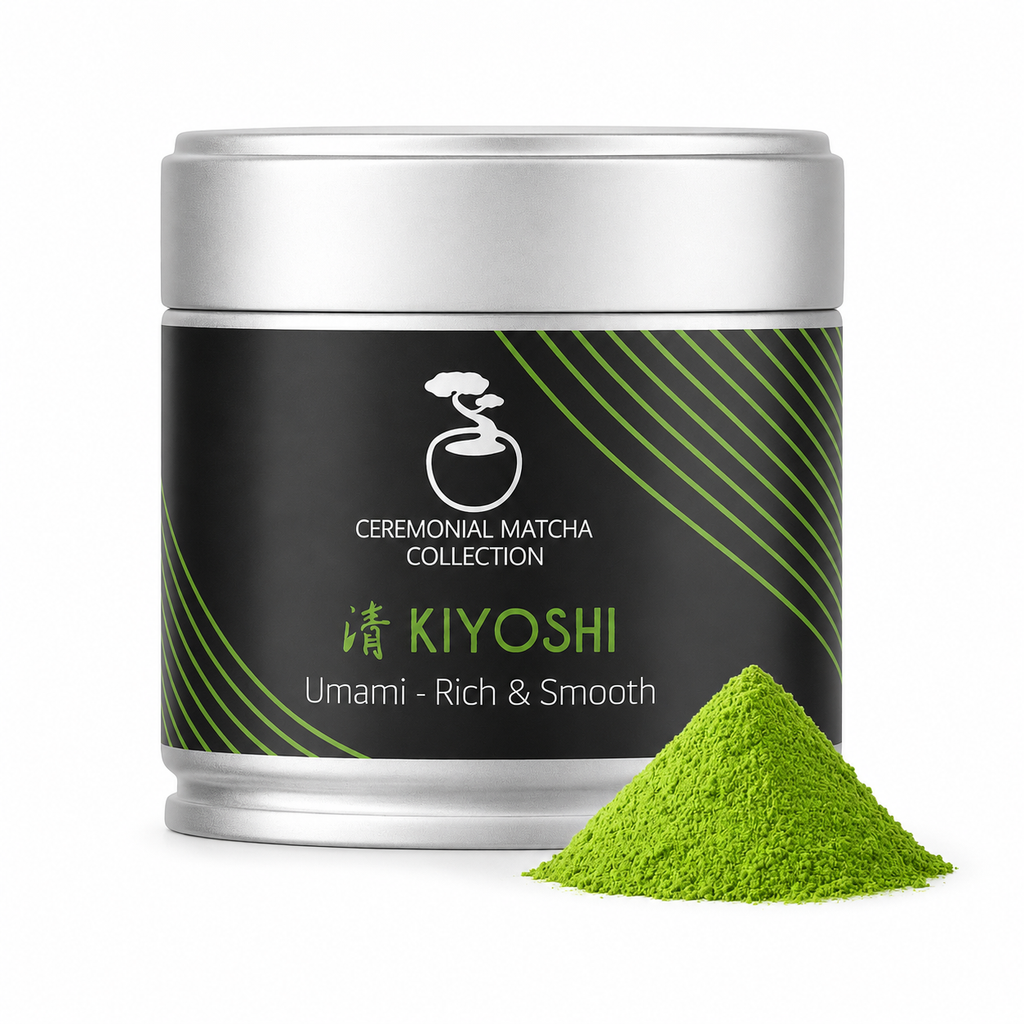 Kiyoshi ceremonial matcha tin front view on a clean white background, smooth umami-rich Japanese matcha