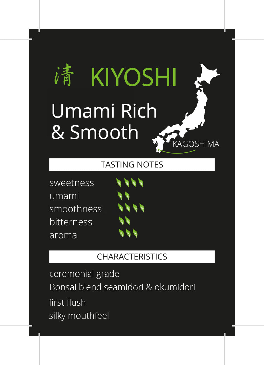 Kiyoshi matcha tasting notes and characteristics card showing umami-rich Bonsai blend from Kagoshima
