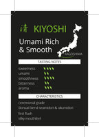 Kiyoshi matcha tasting notes and characteristics card showing umami-rich Bonsai blend from Kagoshima
