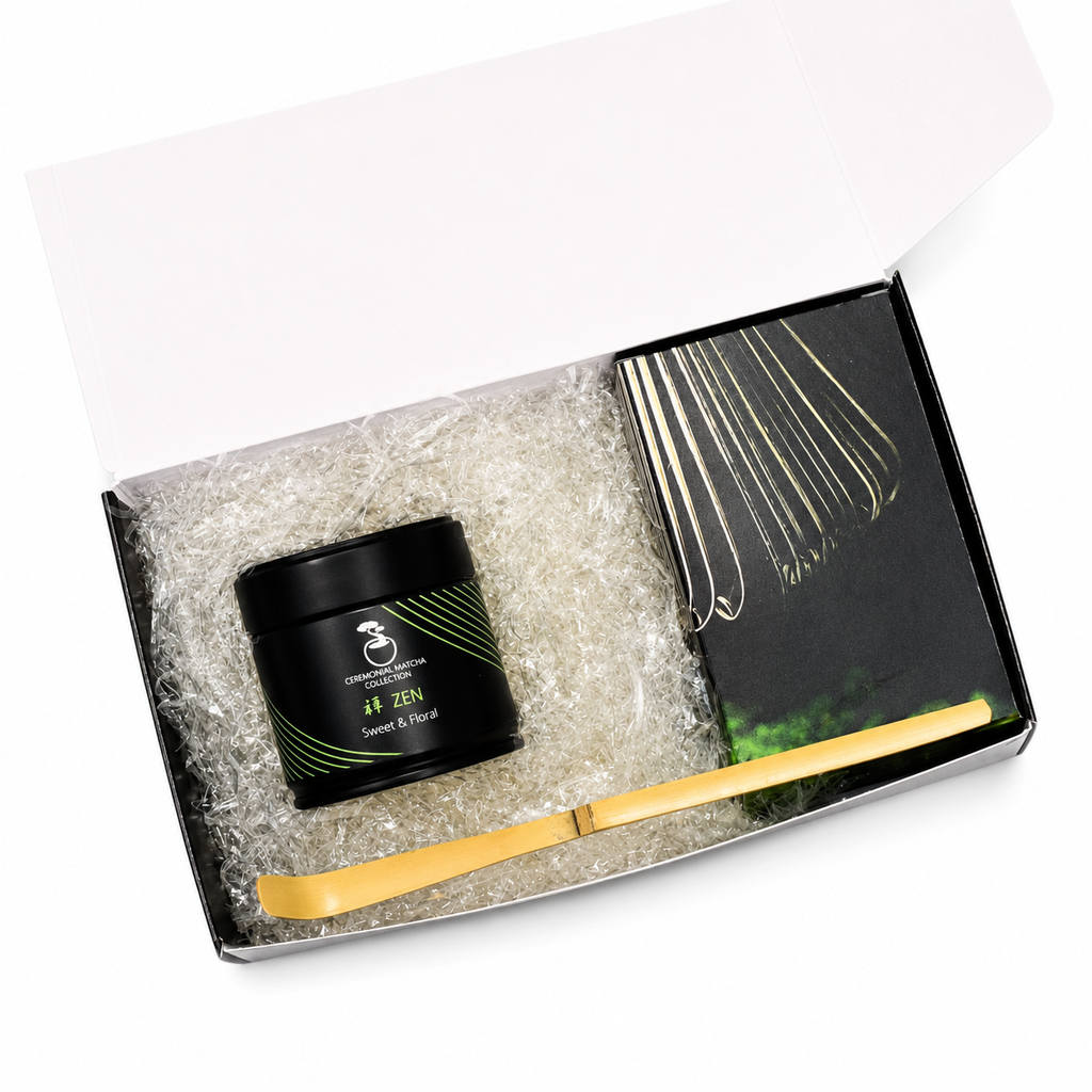 Bonsai Matcha starter kit gift box with Zen ceremonial matcha tin, bamboo whisk and scoop on a white background, complete matcha set for beginners
