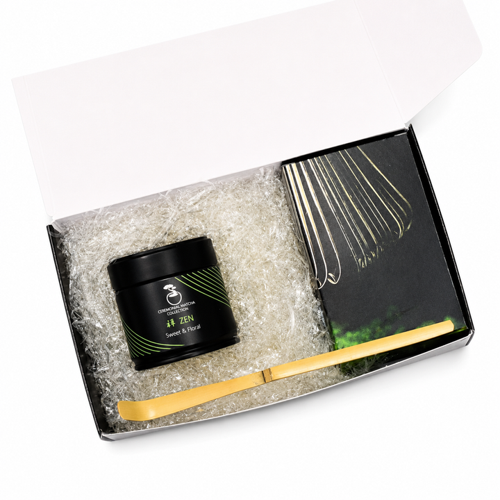 Bonsai Matcha starter kit gift box with Zen ceremonial matcha tin, bamboo whisk and scoop on a white background, complete matcha set for beginners
