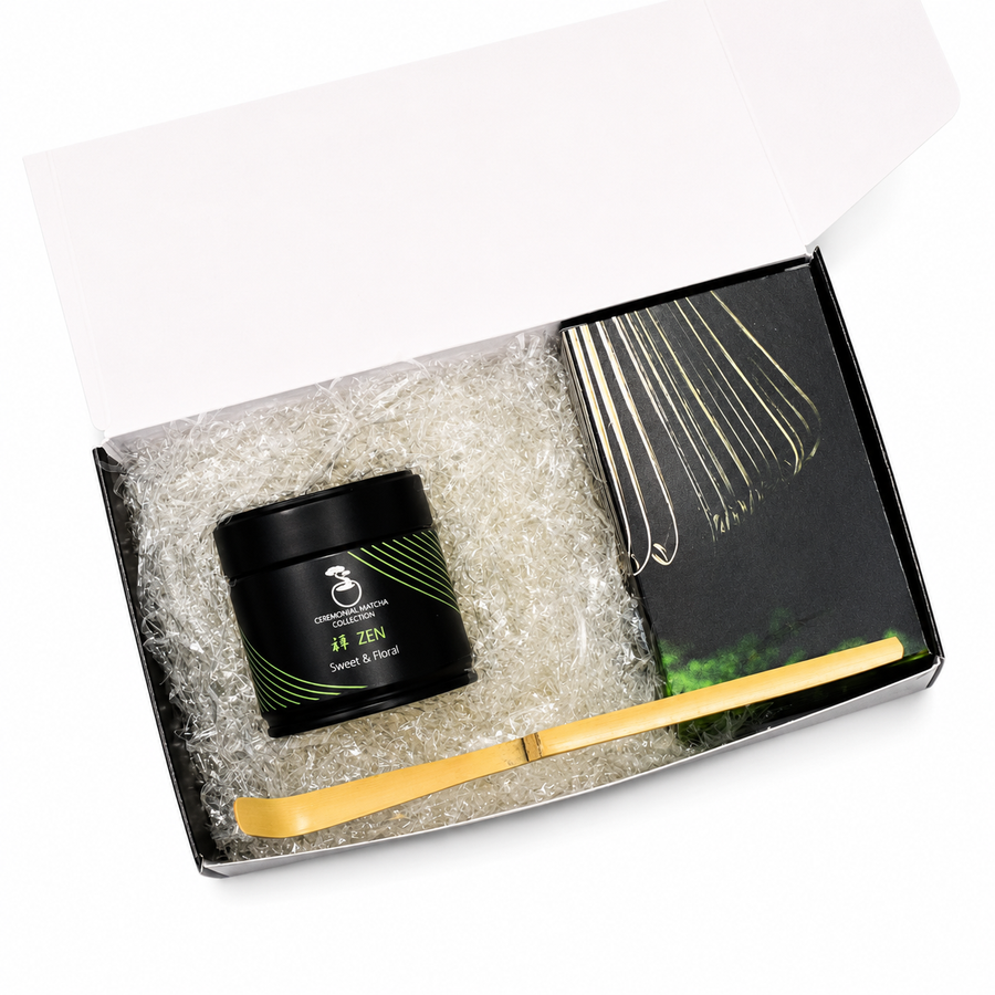 Bonsai Matcha starter kit gift box with Zen ceremonial matcha tin, bamboo whisk and scoop on a white background, complete matcha set for beginners