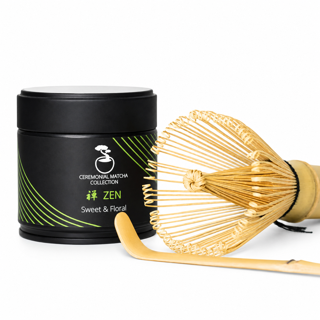 Bonsai Matcha starter kit — Zen ceremonial matcha tin with bamboo whisk (chasen) and scoop (chashaku) on white, everything to make matcha at home