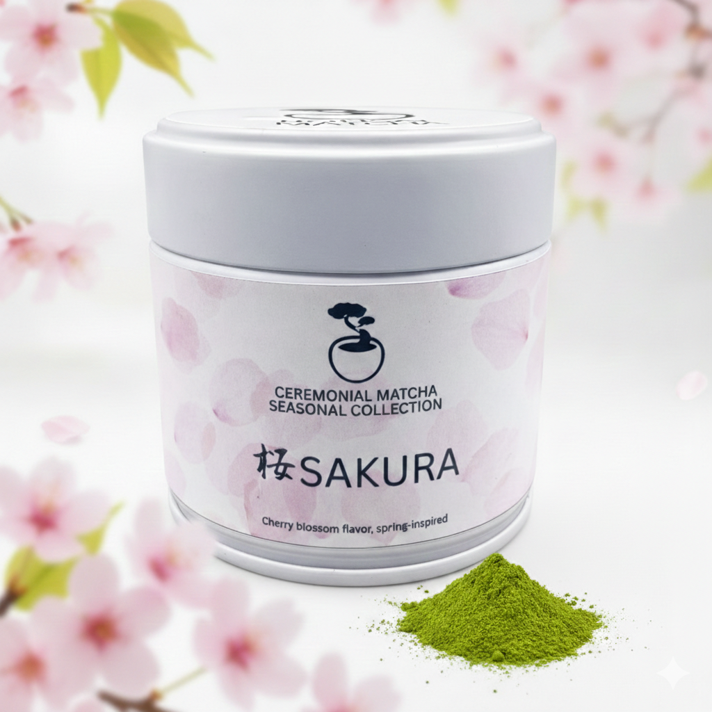 Ceremonial sakura matcha container with cherry blossom design on a white background