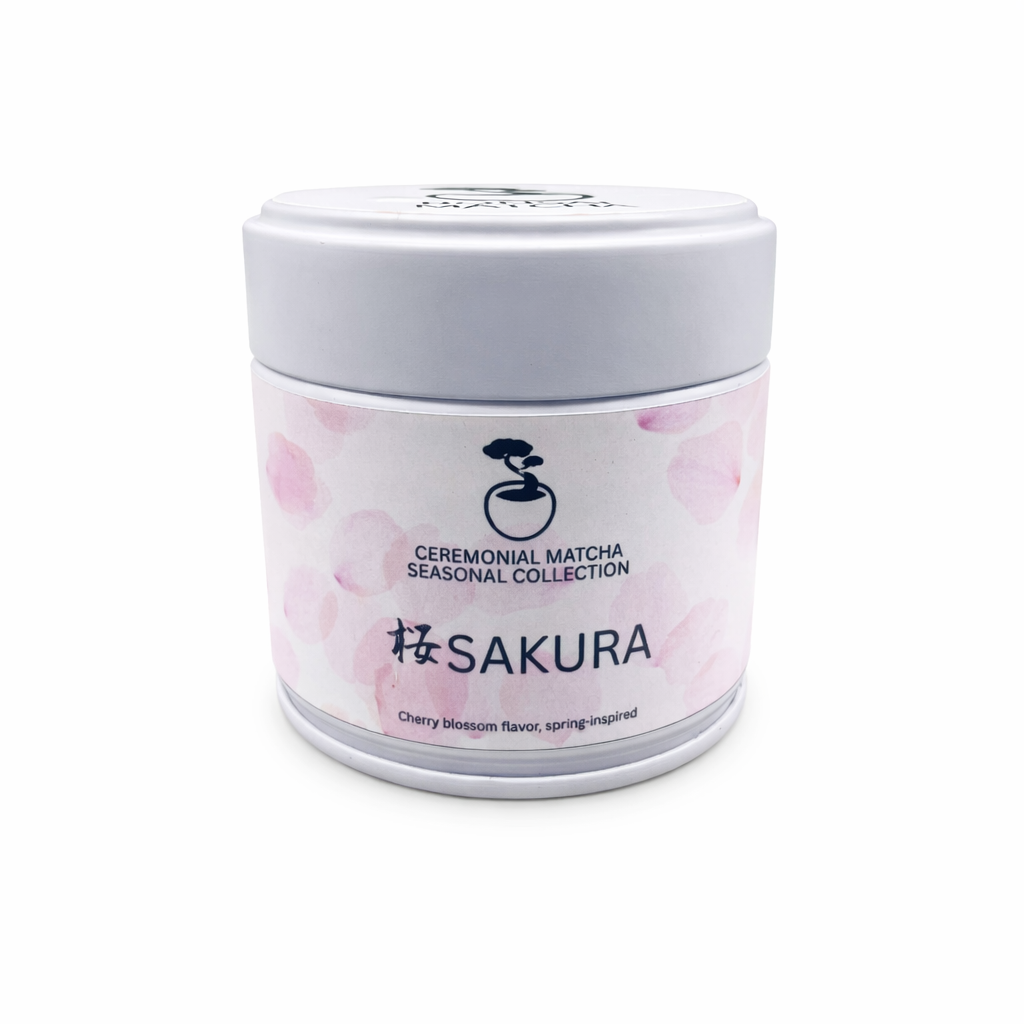 Ceremonial sakura matcha tin on a white background