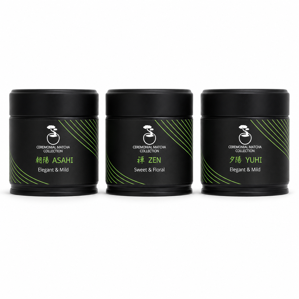 Bonsai Matcha Ceremonial Collection tins — Asahi, Zen and Yūhi — lined up on a white background, ceremonial-grade Japanese matcha tasting set