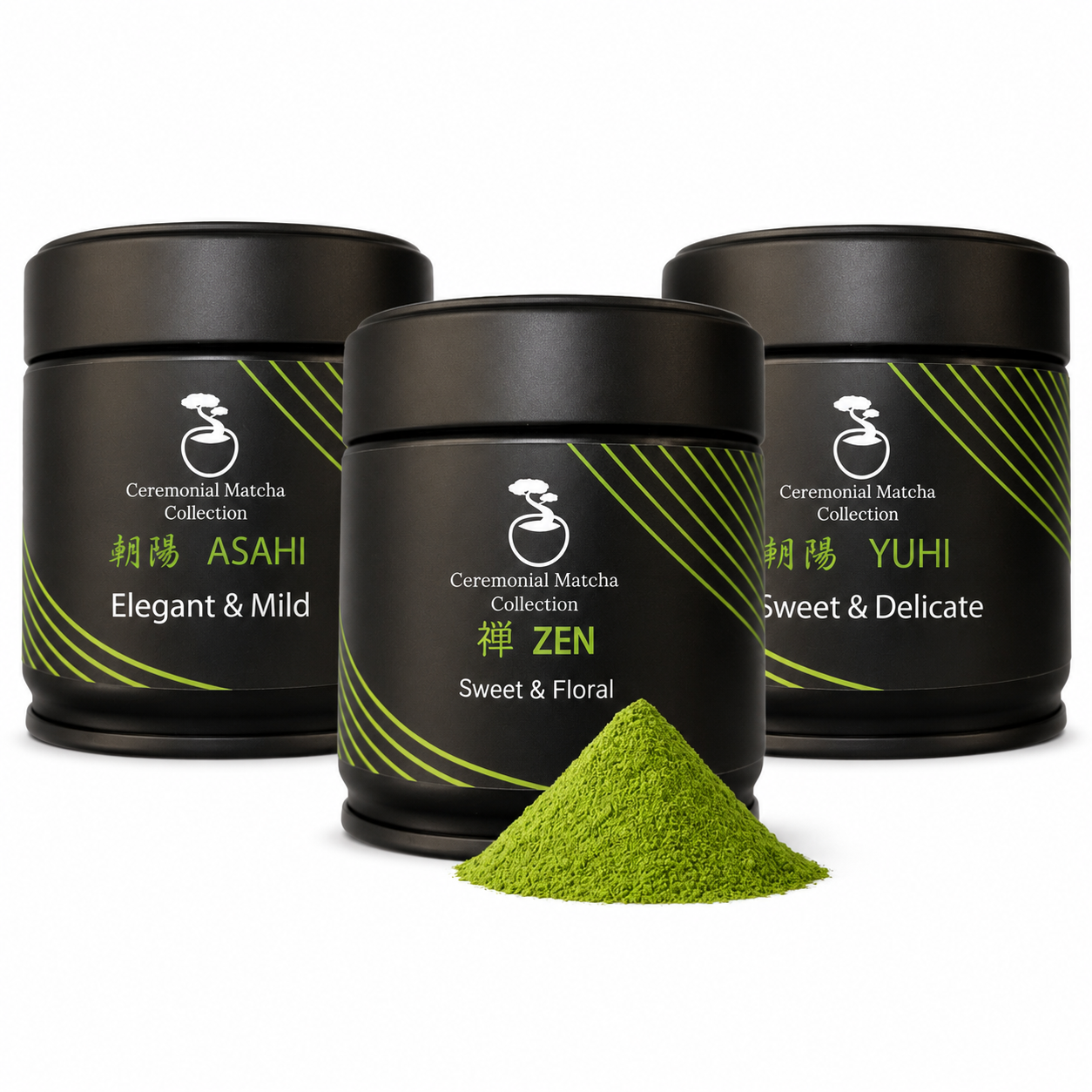 Bonsai Matcha ceremonial trio — Asahi, Zen and Yūhi tins with a mound of bright green matcha powder on white, ceremonial matcha tasting set