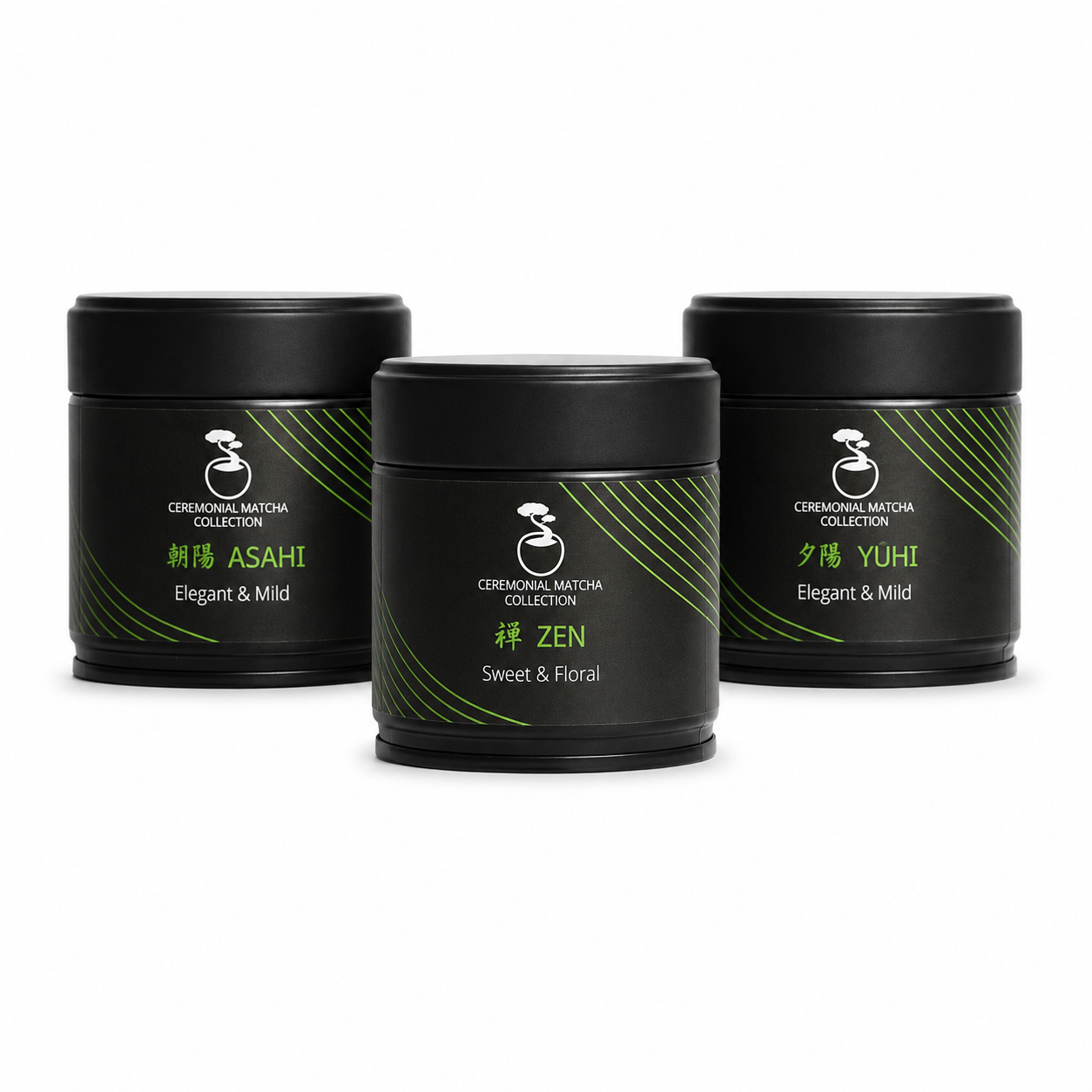 Bonsai Matcha ceremonial tasting set — Asahi, Zen and Yūhi tins grouped on a clean white background, premium Japanese matcha gift trio
