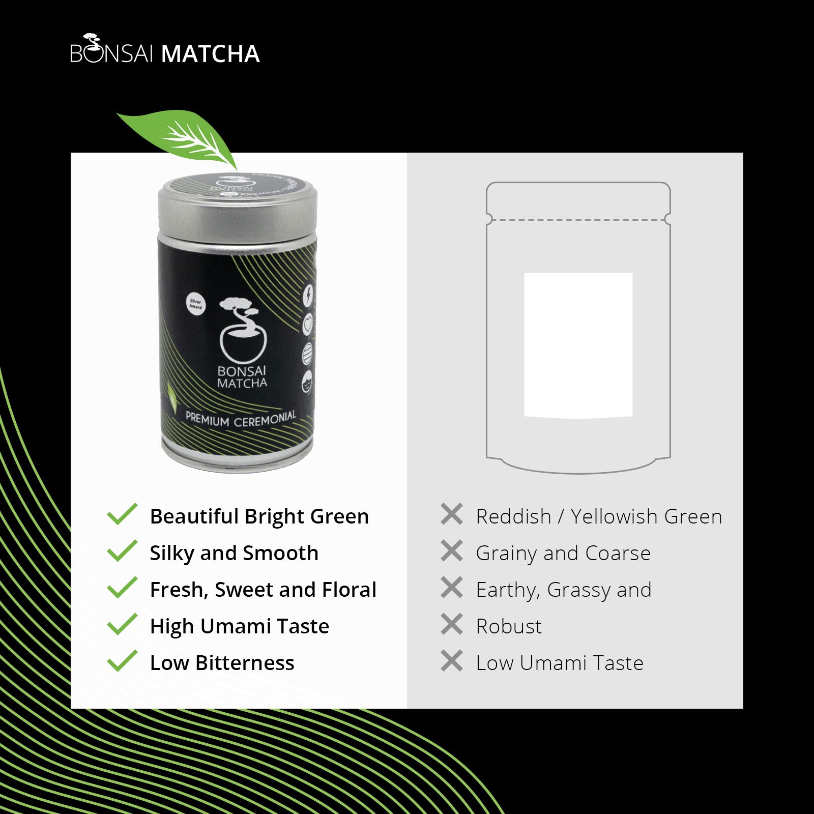 How to recognise high quality ceremonial matcha – bright green color, silky smooth texture, sweet umami taste and low bitterness compared to lower grade matcha
