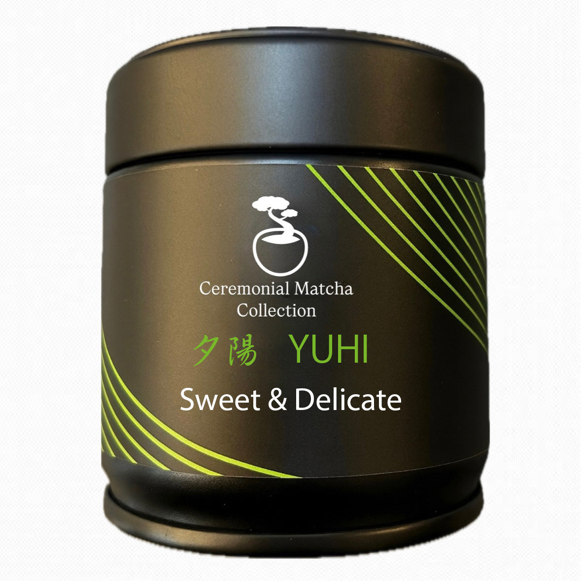 Yuhi ceremonial matcha tin front view showing premium Japanese matcha from Kyoto for smooth balanced matcha tea
