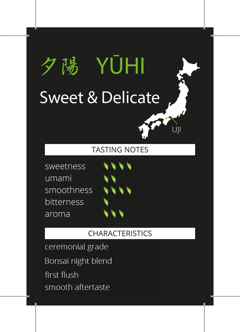 Tea packaging with tasting notes and characteristics on a black background