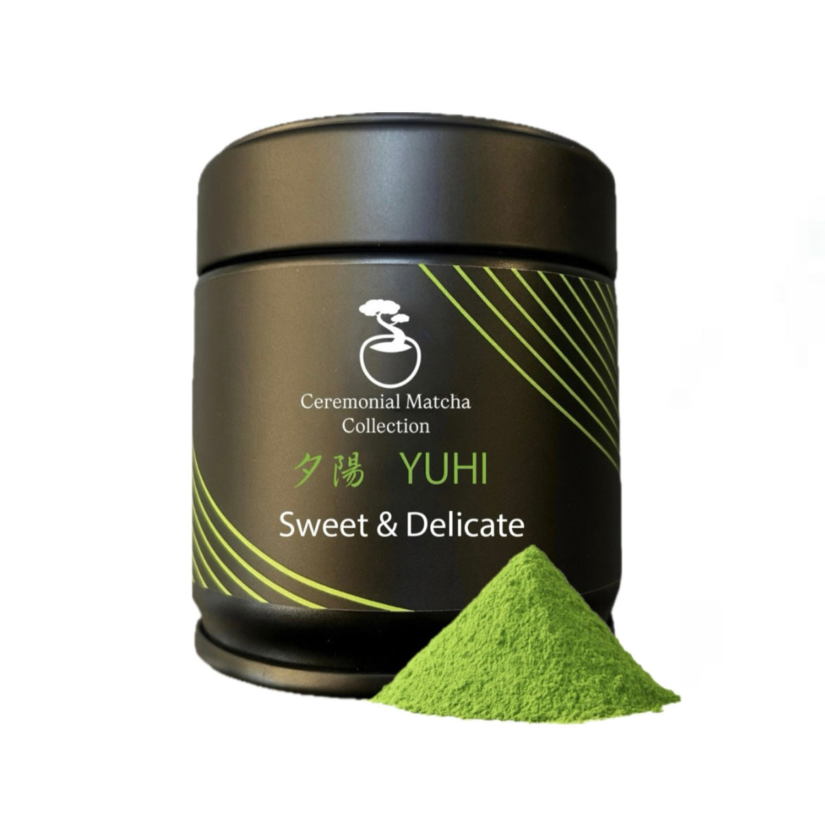Ceremonial Matcha Collection YUHI container with green powder on a white background