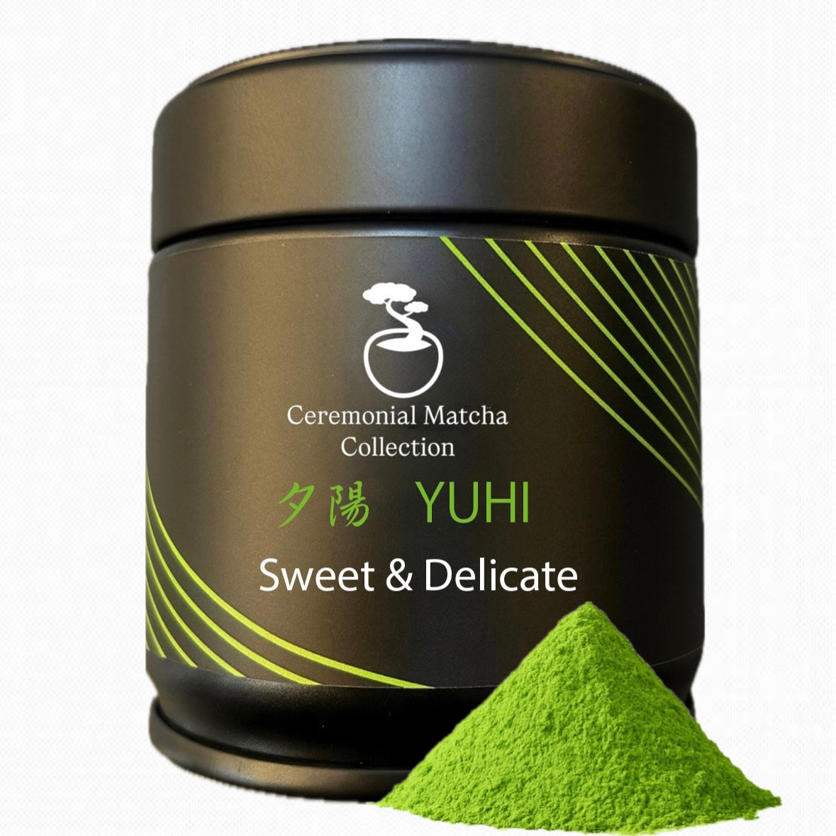 Yuhi ceremonial matcha tin with vibrant Japanese matcha powder for sweet and delicate daily matcha lattes and tea ceremonies
