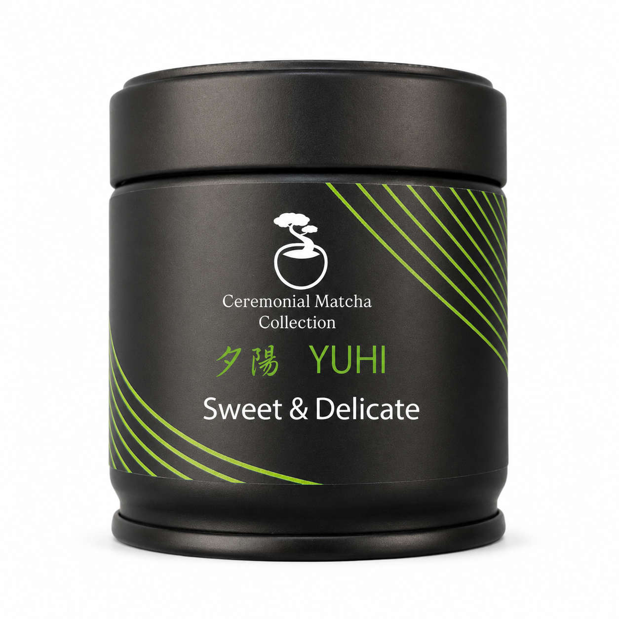 Yūhi ceremonial matcha tin beside bright green matcha powder on white, smooth sweet Japanese green tea