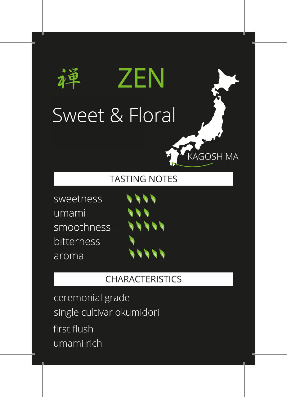 Zen ceremonial matcha tasting notes card from Kagoshima showing sweetness, umami, smoothness, bitterness and aroma ratings on a black background
