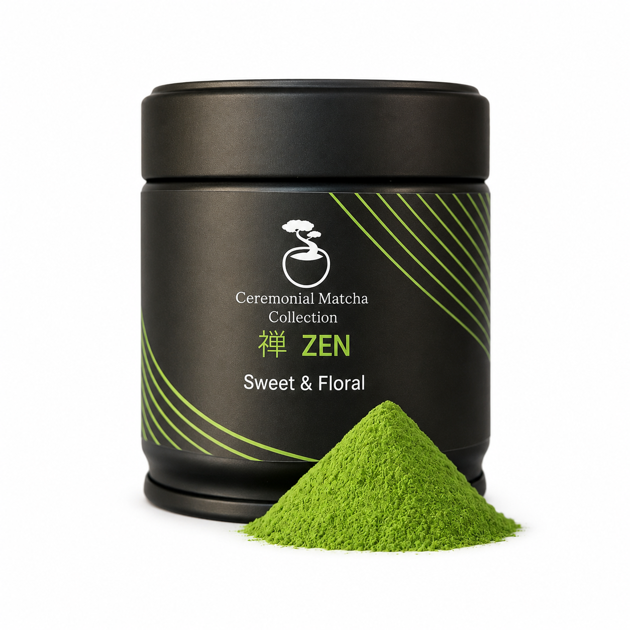 Zen ceremonial matcha tin with a mound of vibrant green matcha powder on a white background, sweet and floral single-cultivar Japanese matcha