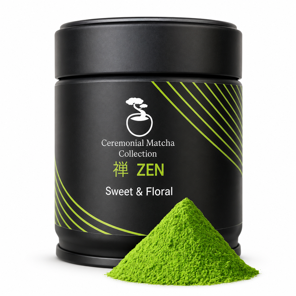 Zen ceremonial matcha tin beside bright green matcha powder on white, smooth sweet Japanese green tea from Kagoshima