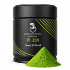 Zen ceremonial matcha tin beside bright green matcha powder on white, smooth sweet Japanese green tea from Kagoshima